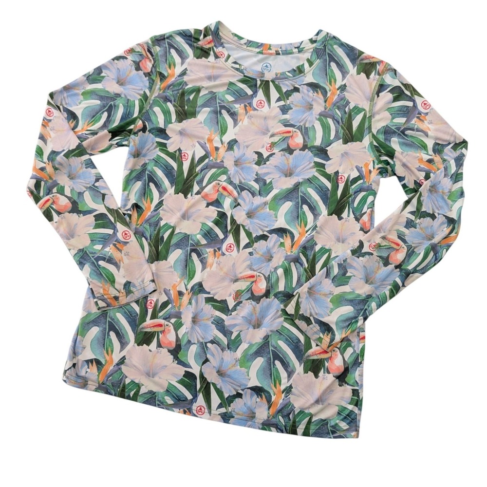 5Fin Tropical Toucan Fishing Shirt Mens Small Blue Floral UPF Performance LS Top